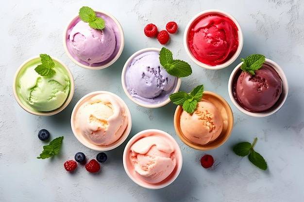 Helado de colores en tazas sobre fondo claro Lay Flat