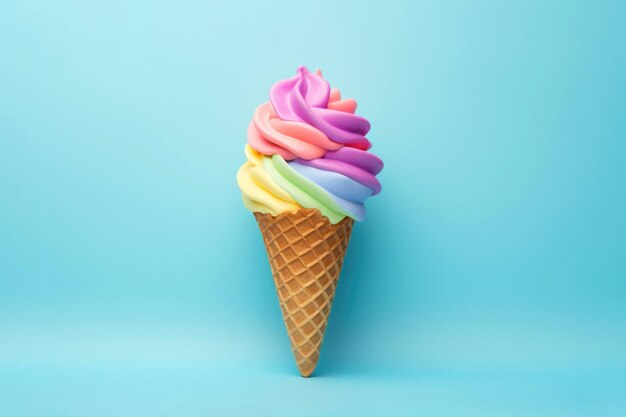 Foto helado colorido en cono de waffle plano sobre fondo de color ia generativa