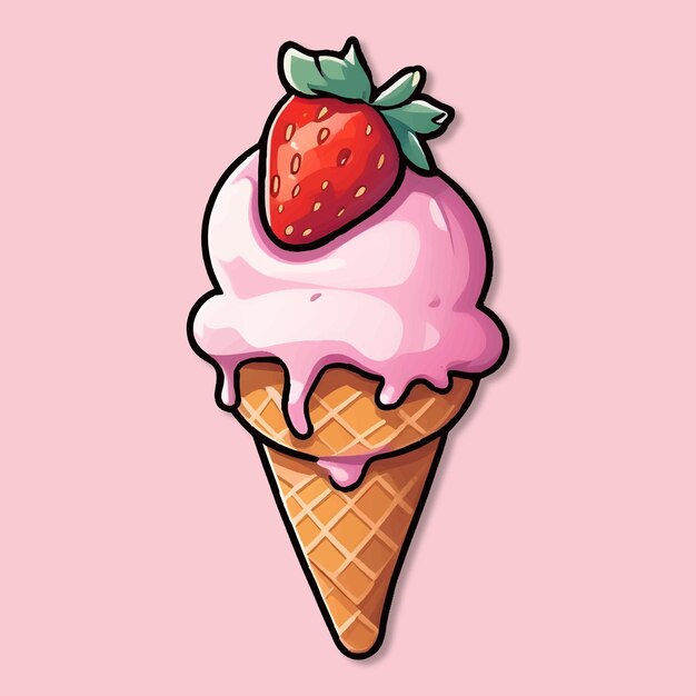 Helado de cono derretido con pegatina de fresas AI Generado