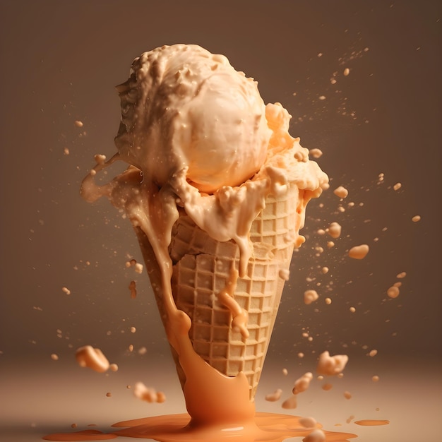 Helado en cono de galleta con salpicaduras y caramelos sobre fondo oscuro