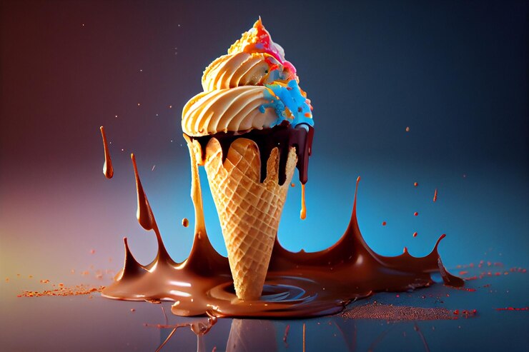 Helado en un cono de galleta con salpicaduras y gotas sobre un fondo azul generativo ai