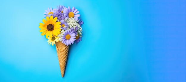 Helado en cono de waffle con flores de lavanda Concepto creativo minimalista de verano y primavera