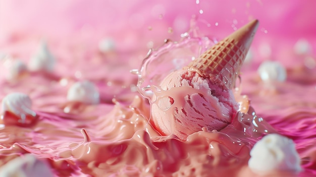 Foto helado en un cono de waffle en un fondo rosado con salpicaduras