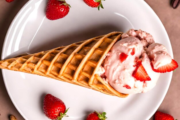 helado en un cono de waffle con fresas bayas