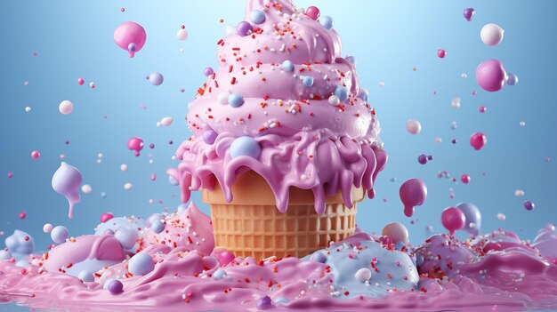 Helado en cono de waffle con glaseado rosado renderización 3d generativa IA