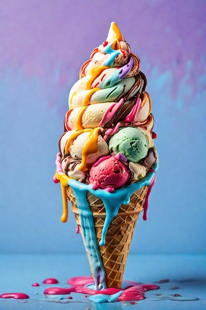 Helado en cono de waffle con helado colorido sobre fondo azul