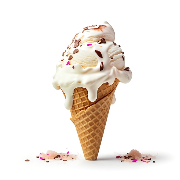 Helado en cono de waffle con salpicaduras y gotas aisladas sobre fondo blanco