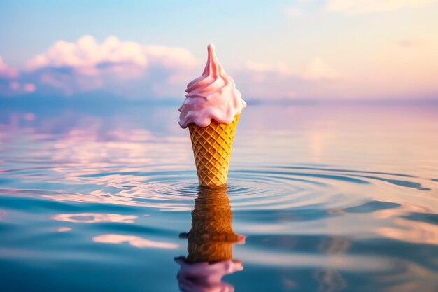 Helado en cono de waffle sobre el fondo azul del mar y el cielo