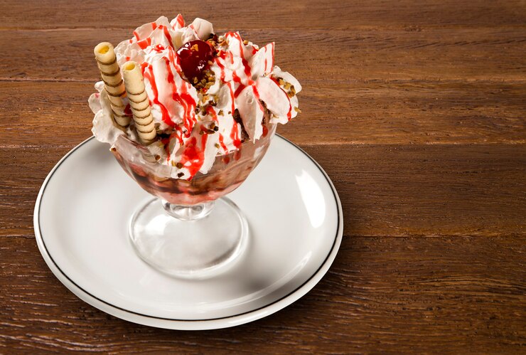 Helado con crema de fresas y chantilly