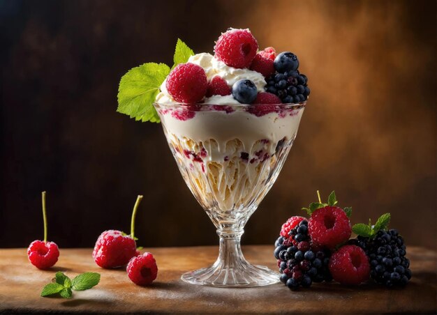 Helado cremoso con bayas en un jarrón