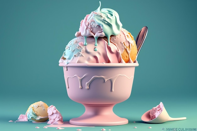 El helado se derrite en una taza con un bonito color pastel sobre un fondo cian Ilustración generativa ai