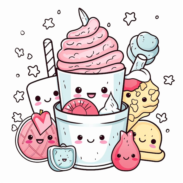 helado de dibujos animados con diferentes ingredientes en una taza generativa ai