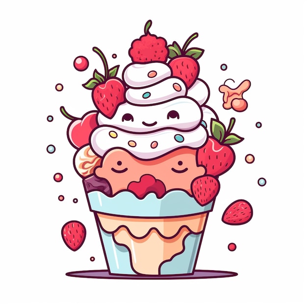 Foto helado de dibujos animados con fresas y chocolate ai generativo