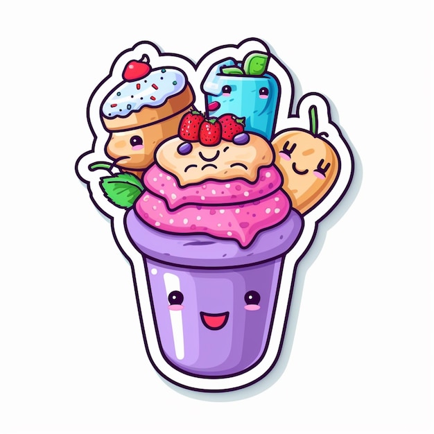 helado de dibujos animados con una taza de helado y una ai generativa de fresa