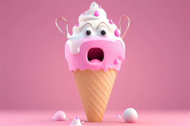 Helado divertido en cono de galleta sobre fondo rosa 3d renderizado ai generativo