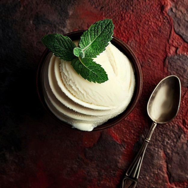 Helado dulce de vainilla con cuchara de helado de menta sobre una vista superior de fondo de piedra roja