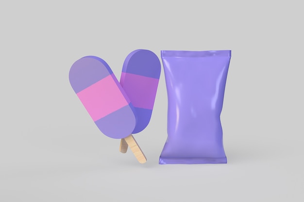 Helado con embalaje. Ilustración de renderizado 3D