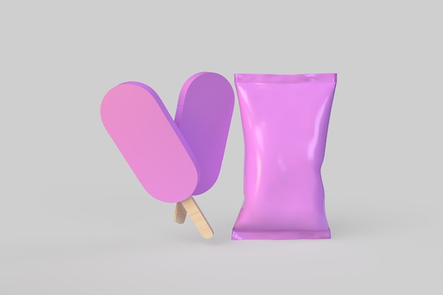 Helado con embalaje. Ilustración de renderizado 3D