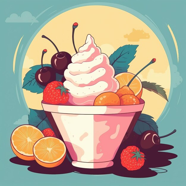 Helado de estilo retro de los años 80, helado con frutas, imagen de ai plana de alta calidad generada