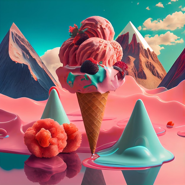 Helado con fondo rosa y cielo azul con montañas al fondo