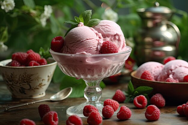 Helado de frambuesa con bayas frescas