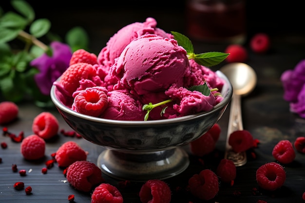 Helado de frambuesa con frambuesas frescas y hojas de menta