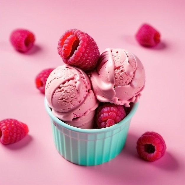 Foto helado de frambuesa orgánico natural sobre un fondo rosado un delicioso postre de verano no saludable helado