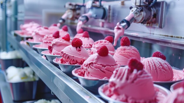 El helado de frambuesa se sirve en cuencos de metal en una línea de producción industrial