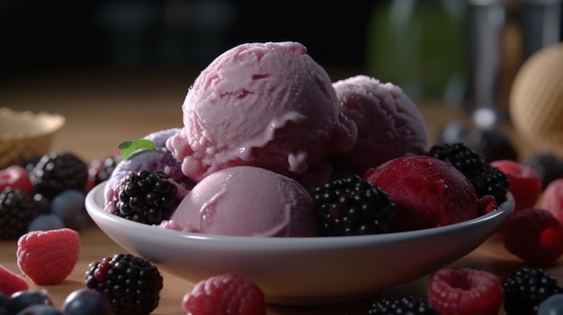 Helado de frambuesa en un tazón blanco Fotografía cenital