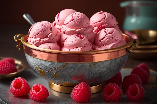 Helado de frambuesa en un tazón de cobre