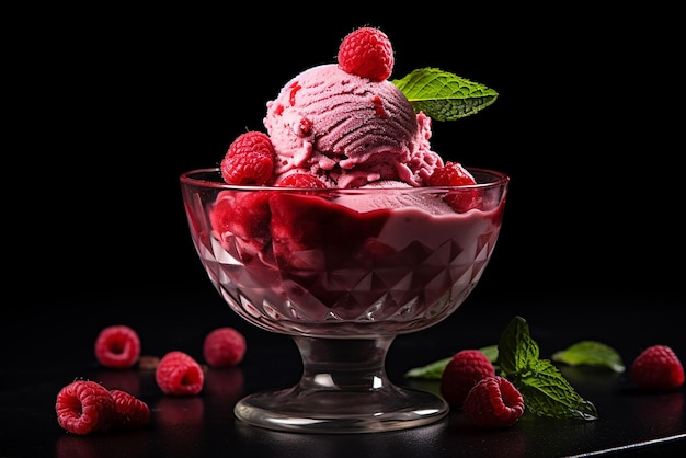 Helado de frambuesa en un vaso de cristal sobre fondo azul