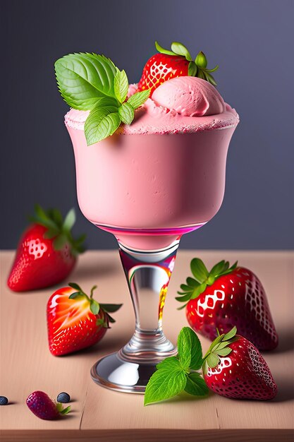 Helado de fresa con bayas frescas en la mesa