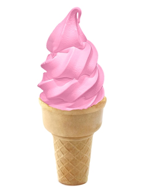 Foto helado de fresa en el cono sobre fondo blanco.