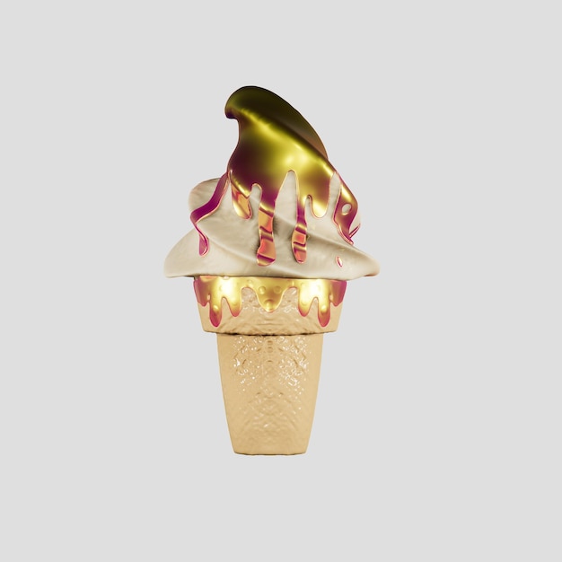 El helado de fresa en un cono de waffle es delicioso Maqueta de ilustración de renderización 3D muy detallada