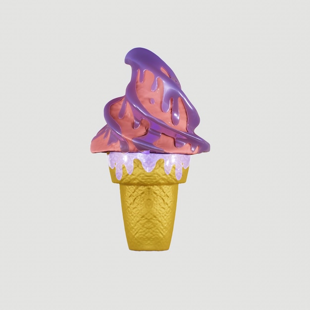 El helado de fresa en un cono de waffle es delicioso Maqueta de ilustración de renderización 3D muy detallada