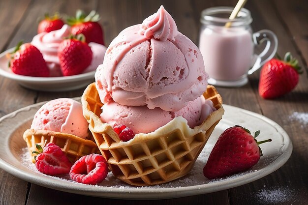 Helado de fresa en un cono de waffle