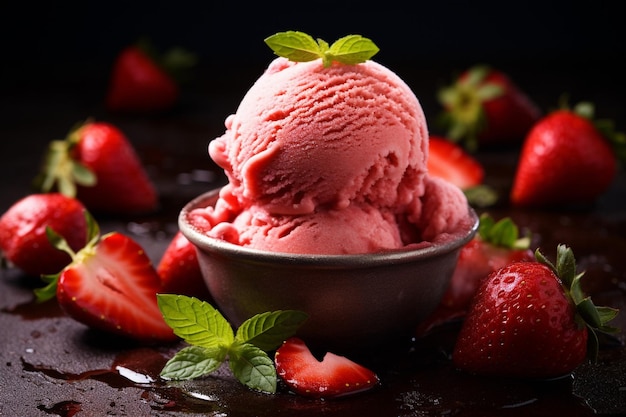 El helado de fresa es un postre delicioso de frutas frescas.