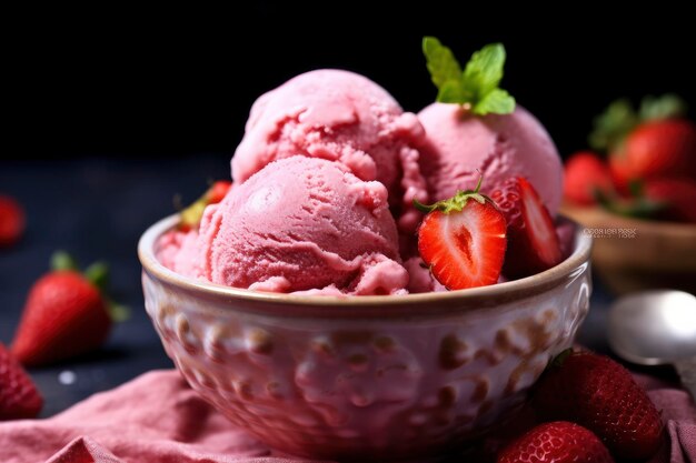 Helado de fresa con fresas frescas