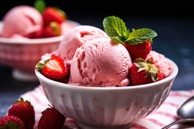 Helado de fresa con fresas frescas