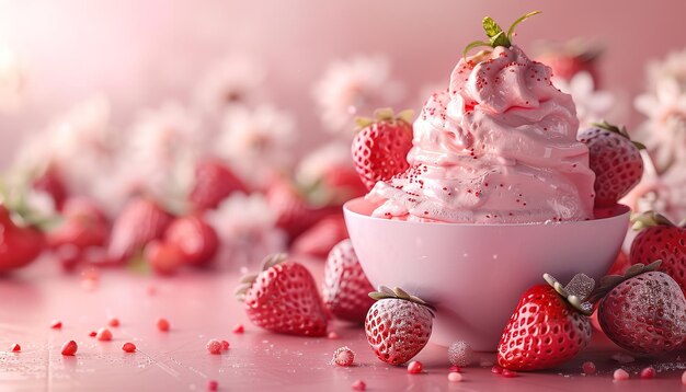 Helado de fresa o yogur en primer plano con fruta fresca y espacio para un anuncio contra un telón de fondo rosado IA generativa