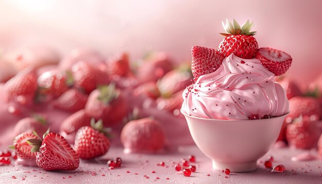 Helado de fresa o yogur en primer plano con fruta fresca y espacio para un anuncio contra un telón de fondo rosado IA generativa