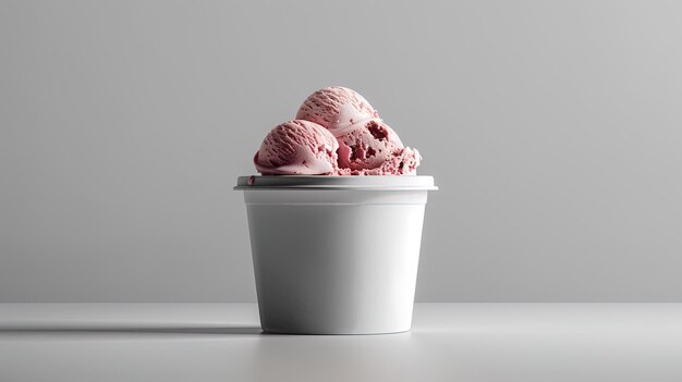 Helado de fresa en una taza blanca sobre un fondo gris