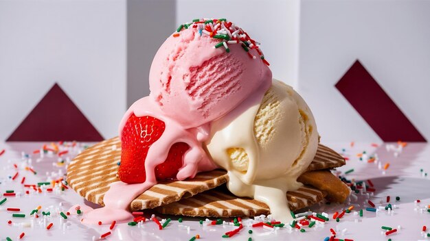 Foto helado de fresa y vainilla derretido con salpicaduras en fondo de oblea