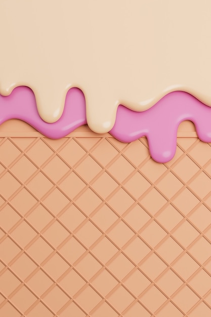 Helado de fresa y vainilla derretido sobre fondo de oblea, render 3d