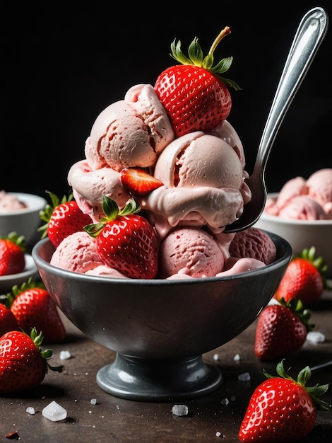 Helado con fresas en un plato