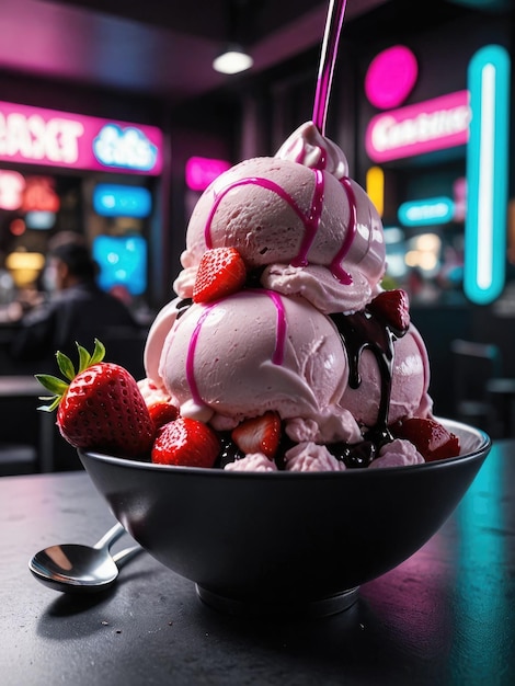 Helado con fresas en un plato