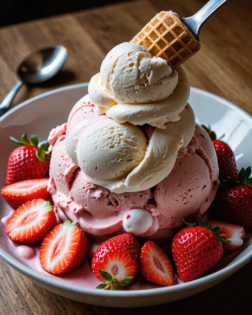 Helado con fresas en un plato