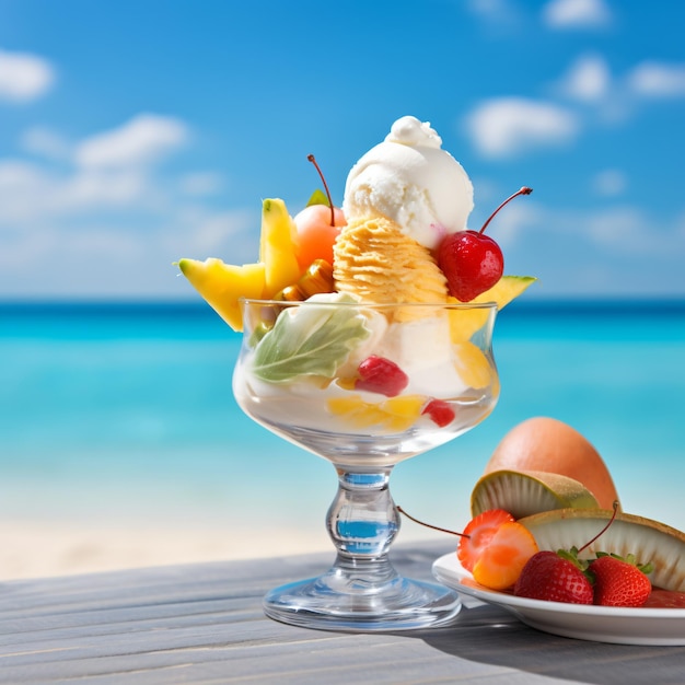 Foto helado con frutas en un vaso de postre