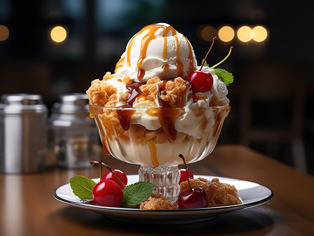 Helado con frutos del bosque y caramelo IA generativa