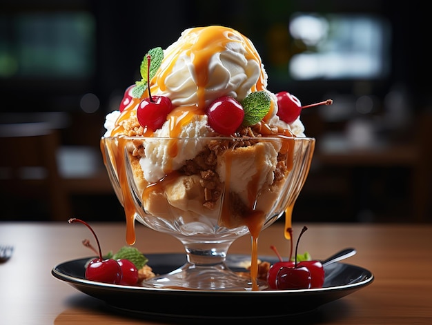 Helado con frutos del bosque y caramelo IA generativa